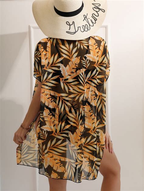 SHEIN Swim Stampa Vegetale Set Bikini Push Up Con Orlo Smerlato Bra Cami Bottom Vita Alta