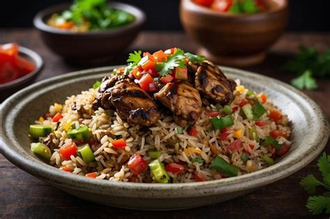 Premium Photo Jamaican Jerk Chicken Fried Rice With Salsa