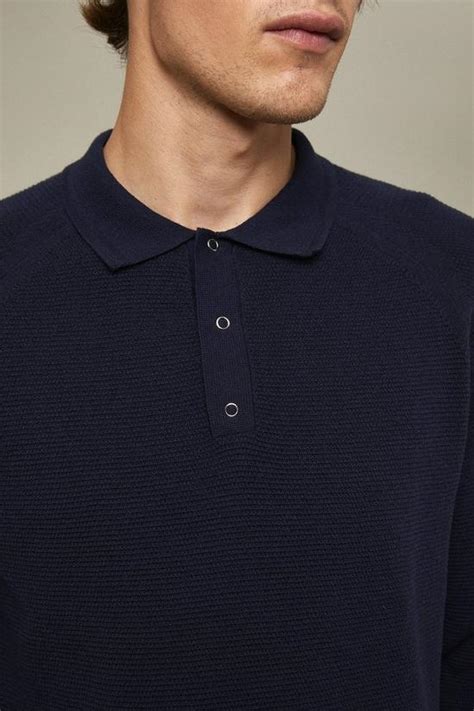 Polos Pure Cotton Navy Textured Long Sleeve Snap Knitted Polo Shirt