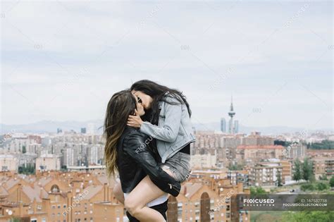 Passionate Lesbian Couple Kissing Side View Happy Stock Photo