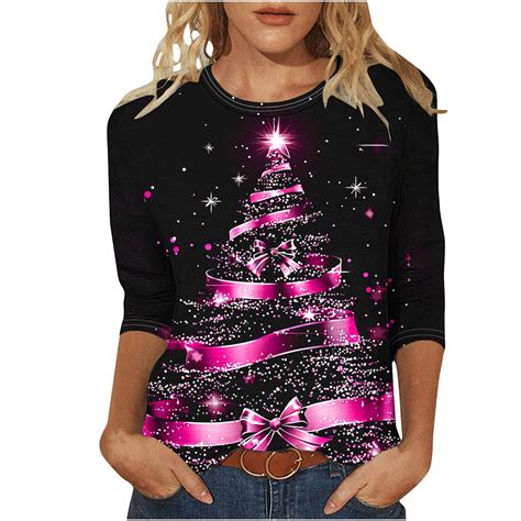 Sentmoon Christmas Shirts for Women Crew Neck Long Sleeve Womens