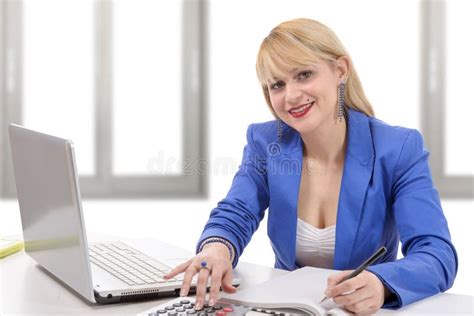 Attractive Blonde Secretary Sitting At Her Desk Stock Image Image Of Female Desktop 69306093