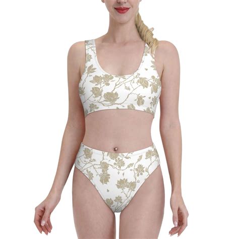 Adobk Vintage Stylized White Color Print Women High Waisted Bikini Set Sports Swimsuit Bathing