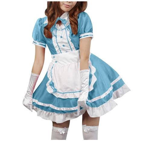 Robe De Femme De Chambre Tablier De Lingerie Sexy Robe Bandage Arc Cosplay Robes Sexy XL Bleu