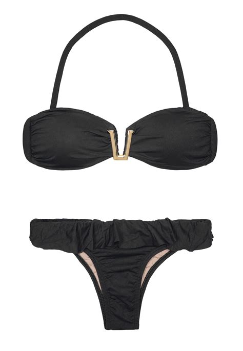 Zwarte Bandeau Bikini Met Gouden Accessoires Vast Broekje Met Ruches Aan Zijden Fivela Black