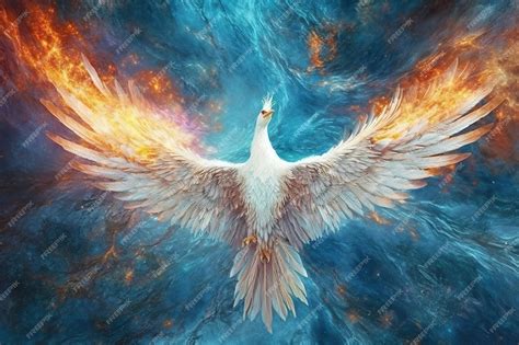 Величественный белый пылающий феникс в глубоком космосе с голубыми ...