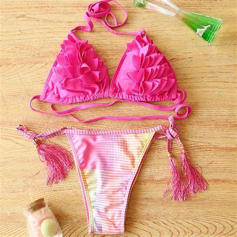 Floral Layers Brazilian Bikini Sexy Thong Halter Swimwear Summer Print Beach Vogue Biquines E
