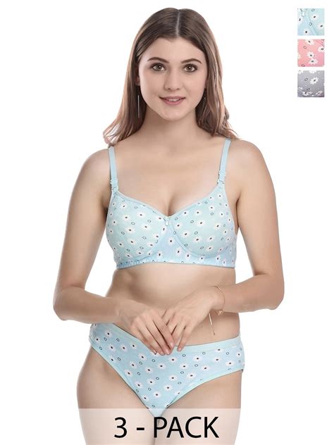 Buy PIBU Pack Of Floral Printed Lightly Padded Cotton Bra With Brief Lingerie Set For Women