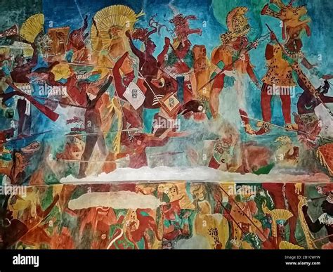 Mayan Mural Painting In Room 1 In The Temple Of Murals In The Maya Ruin