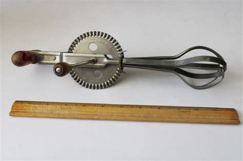 Vintage Eggbeater Hand Crank Rotary Mixer W Old Red Paint Wood Handle