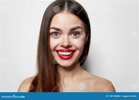 Cheerful Woman Red Lips Smile Naked Shoulders Light Background Stock Photo Image Of Adult