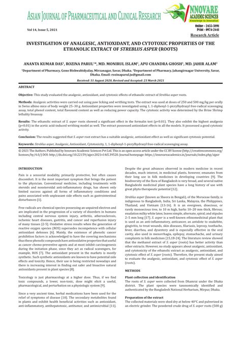 PDF INVESTIGATION OF ANALGESIC ANTIOXIDANT AND CYTOTOXIC PROPERTIES