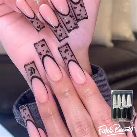 Fofosbeauty Pcs Fake Press On Nails Coffin Long Fake Nails For Girls Women Black Lace Nude