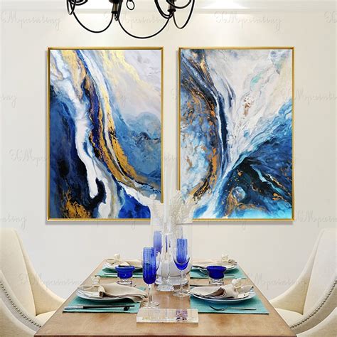 Navy Blue Abstract Painting Framed Canvas Wall Art Picture For Etsy