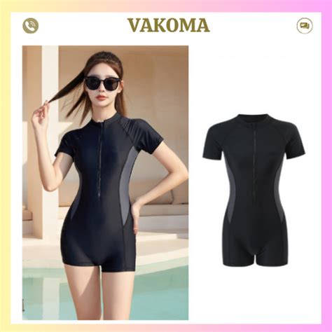 Bikini mảnh áo tắm liền thân đi biển ngắn tay khóa kéo che khuyết điểm màu đen phối xám kín