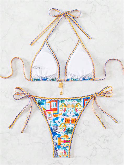 Shein Swim Summer Beach Women S Palm Tree Print Halter Neck Tie Bikini Set For Vacation Shein