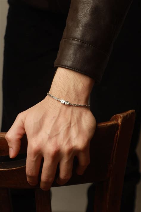 Initial Mens Sterling Silver Bracelet Cube Leter Men Bracelet Mens