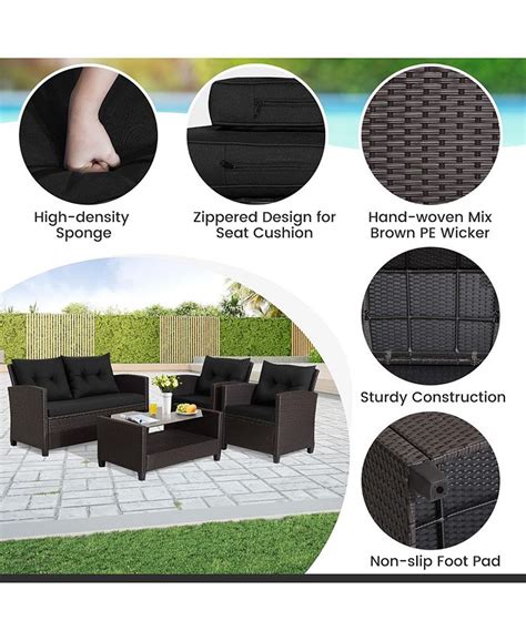 Gymax 4pcs Outdoor Conversation Set Patio Pe Rattan Set W Glass Table