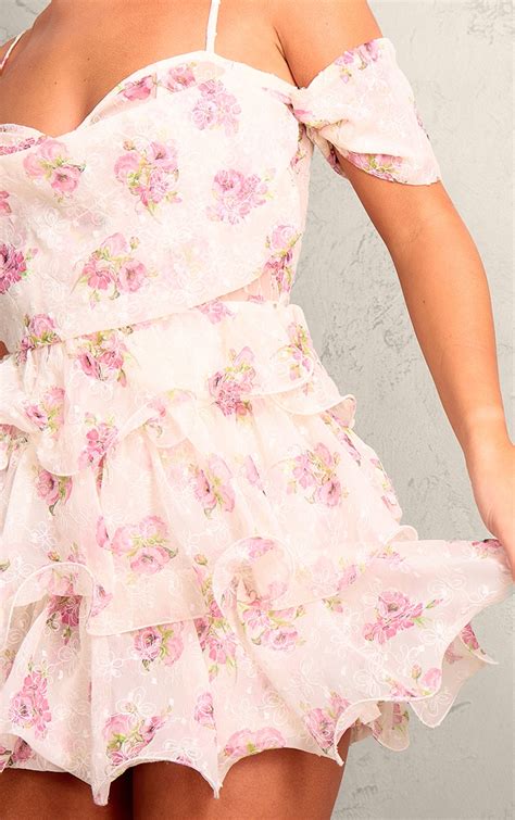 Pink Floral Dobby Textured Chiffon Frilly Playsuit Jumpsuits