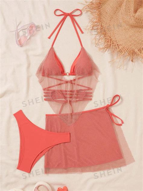 Shein Swim Women Vacation Jointed Sheer Mesh Halter Neck Bikini Set With Bikini Set Skirt Cover