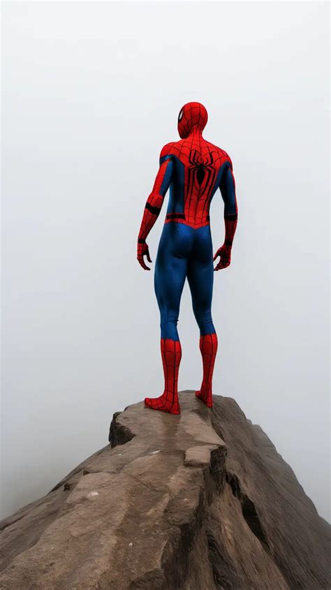 Spiderman Standing On Mount Hill In Foggy Ambience Muse Ai