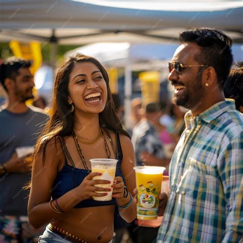 Indian man and woman having fun at street food festival Smiling couple