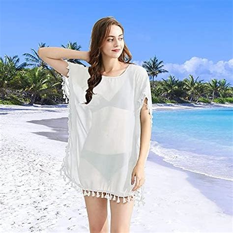 Chalier Damen Strandponcho Sommer Bikini Badeanzug Cover Up Strandkleid Mit Quasten MEHRWEG A