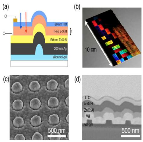 Plasmonic light trapping solar cell design. (a) Schematic cross section ...