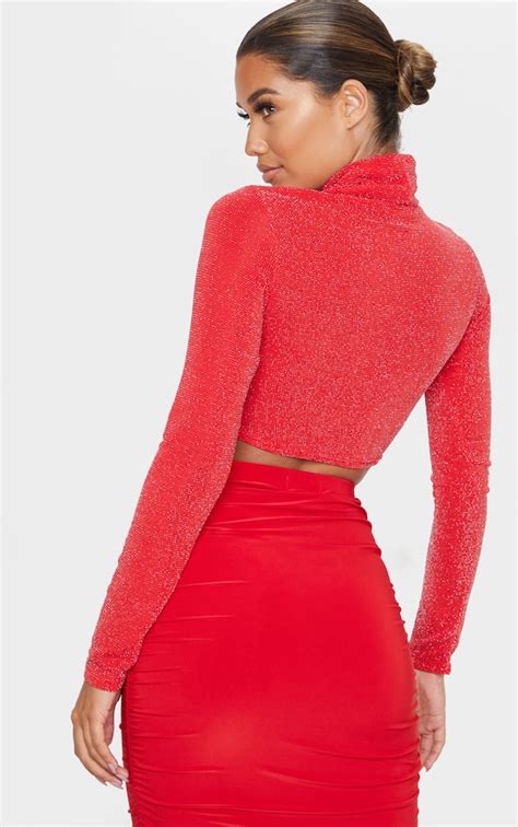 Red Textured Glitter Roll Neck Crop Top Prettylittlething