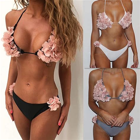 New Arrival Outstanding Women Sexy Swimsuit Push Up Bra Lace Up Bikini Set Halter Bondage