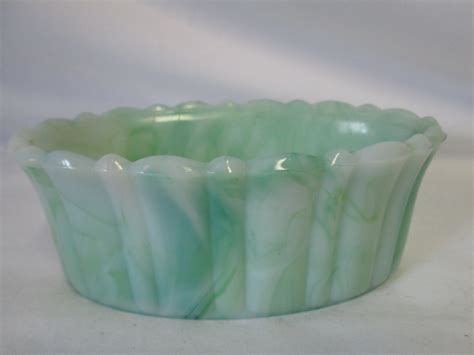 Vintage Green Slag Glass Planter Dish Bowl Oval Glass Scalloped Rim