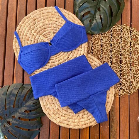 Biqu Ni Hot Pants Faixa Meia Ta A Retr Canelado Ibiza Azul Royal