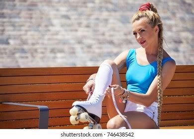 Sexy Blonde Riding On Retro Roller Stock Photo 746438527 Shutterstock