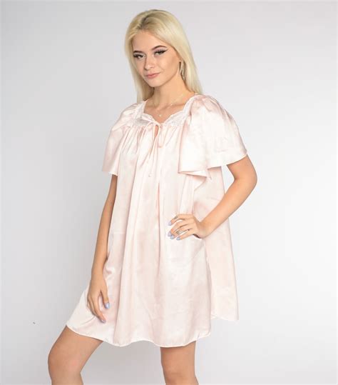 Pink Satin Nightgown S Lingerie Mini Dress Floral Lace Trim Etsy