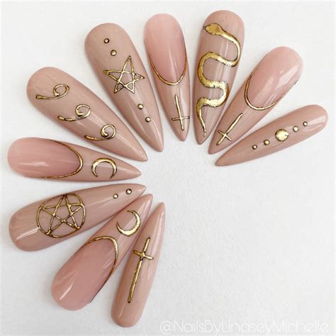 Press On Nails Nude Press Ons Gothic Press Ons Pastel Goth Nails Gold Chrome Snake Nails