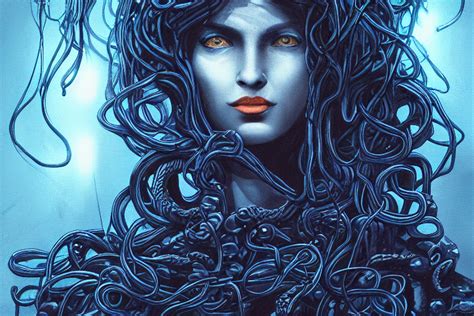 Krea Dark Portrait Of Medusa Deep Blue Wires Instead Of Snakes