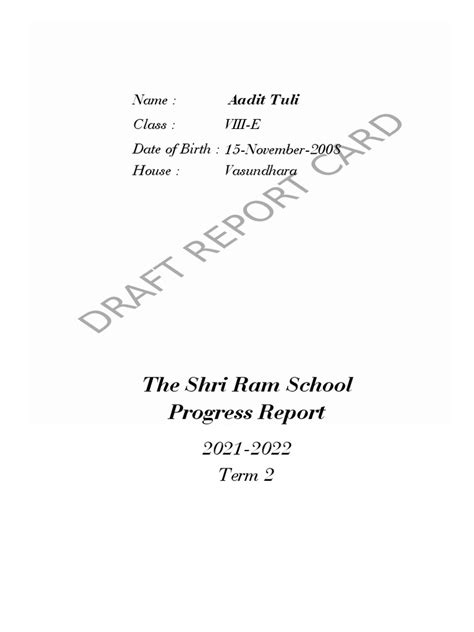 The Shri Ram School Progress Report Name Viii E Class Vasundhara 15 November 2008 Date Of