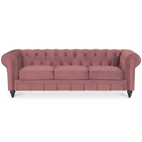 Canape Chesterfield Velours 3 Places Altesse Vieux Rose