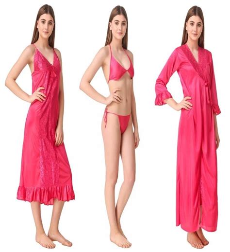 Romaisa Women S Pink Satin Solid Maxi Length Nighty Wrap Gown Bra And