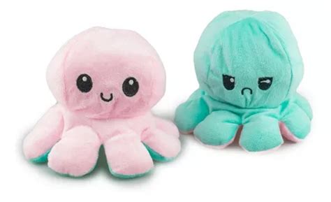 Pulpo Reversible Peluche Contento Enojado Color Rosa Verde