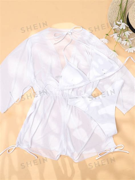 Shein Vcay Summer Beach Sheer Mesh Bikini Set Halter Triangle Bra Thong Bottom Cover Up