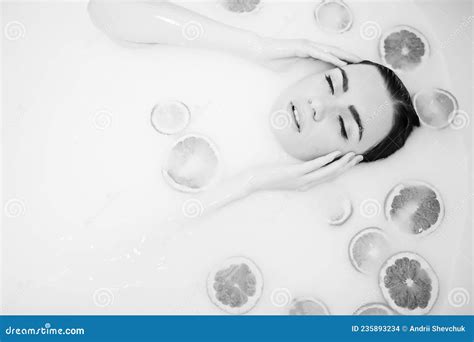 Brunette Girl At The Bathroom With Milk And Fruits Stock Photo Image Of Bathroom Fresh