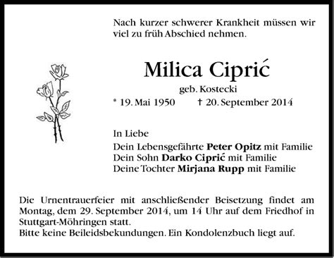 Traueranzeigen Von Milica Cipric Stuttgart Gedenkt De