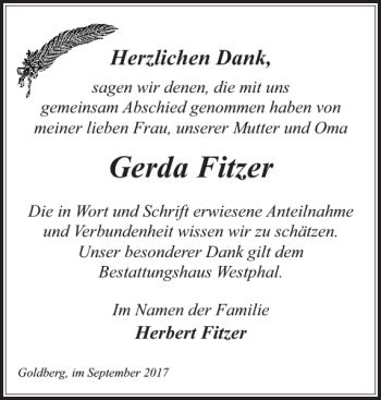 Traueranzeigen Von Gerda Fitzer Trauer Nordkurier