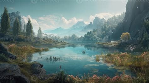 Lake Fantasy Backdrop Concept Art Realistic Illustration Background