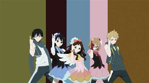 The Anime Characters Are Posing Together In Front Of Different Colored