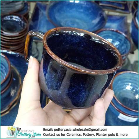 Coffee Cup Luxury Blue Glazed With Brown Rim Pottery Asia