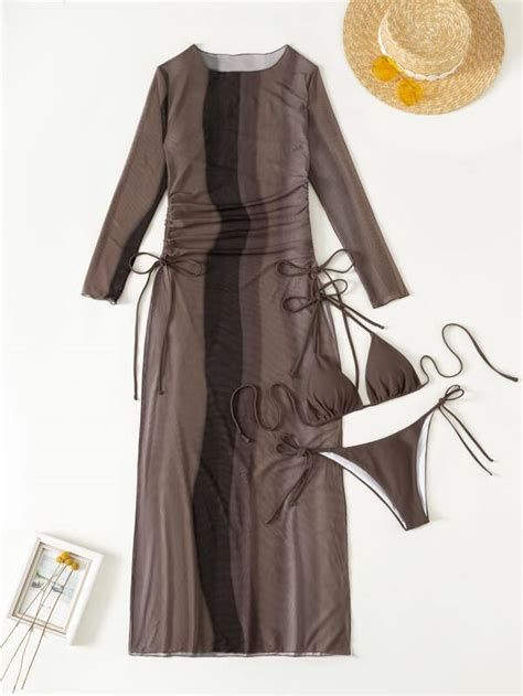 Colorblock Bikini Set Halter Triangle Bra Top Tie Side Bikini Bottom Cover Up Dress Piece