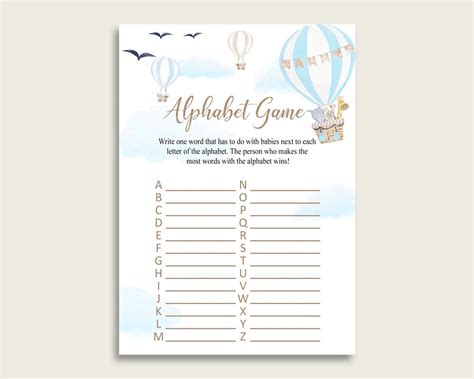 Blue White Alphabet Baby Shower Boy Game Hot Air Balloon A Z Guessing Baby Game Printable Abc