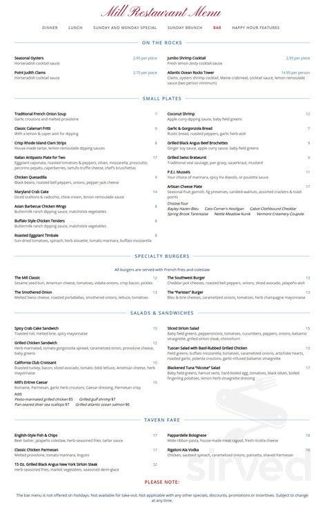 The Mill On The River Menus In South Windsor Connecticut United States